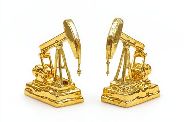 Golden miniature oil pumps on a white background, showcasing energy extraction in a clean setting