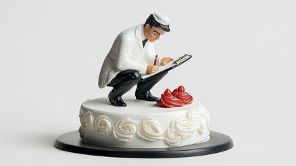 Wedding cake with bride and groom sitting at a table in a cafe, enjoying food and coffee while working in a business setting