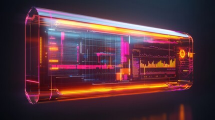 Obraz premium A futuristic, illuminated device showcasing data visualization with vibrant colors and digital graphs.