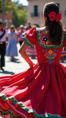 Obraz premium A dancer spins in a vibrant Mexican dress, its intricate embroidery sparkling in the sunlight as she joyfully connects with the audience during a celebration.