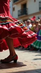 Traditional dancer takes a step in colorful huaraches while performing a folkloric dance. The vibrant skirt swirls as the audience watches in admiration.