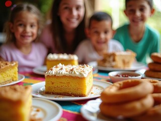 Fototapeta premium A vibrant table showcases children delighting in Mexican desserts like tres leches cake and churros, filled with joy and laughter.