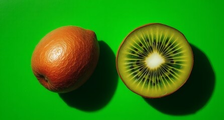 A sliced kiwi fruit displayed in Green Background