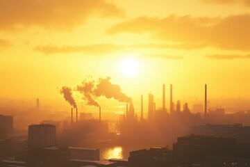 Industrial skyline at sunset with smokestacks emitting pollution over a cityscape
