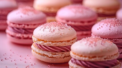 Fototapeta premium Elegant display of pink macarons adorned with delicate pink sprinkles