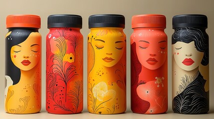 Fototapeta premium Elegant drink bottles adorned with stylized feminine and floral illustrations