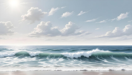 Fototapeta premium The vast ocean, with its waves rolling onto the shore under a beautiful, cloudy sky.