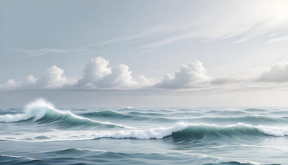 A tranquil ocean scene featuring rolling waves under a soft, cloud-filled sky on a sunny day.