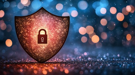 Cyber Shield: Illuminated shield graphic with a padlock in the center symbolizes digital security in the information age against a soft bokeh backdrop.