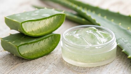 Fresh aloe vera leaves with gel in a jar on a textured surface.