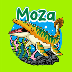 Colorful cartoon illustration of a Mosasaurus in an underwater scene with coral, rocks, and bubbles. Fun prehistoric sea reptile design for kids and learning materials.