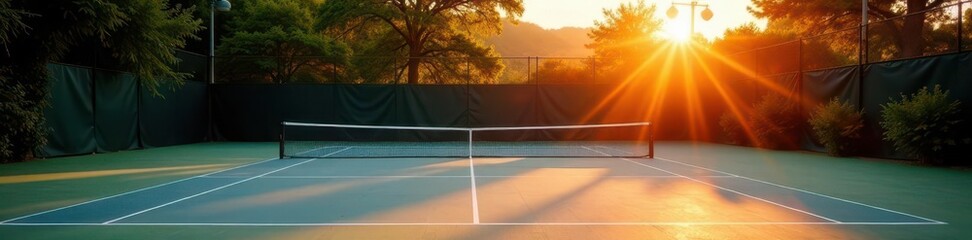 Sunrise paints soft shadows across a minimalist padel court Tranquil morning scene , relaxing, morning light, orange
