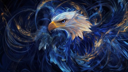 Majestic eagle soaring through vivid abstract swirls of blue and gold