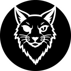 Stylized feline emblem with asymmetrical facial features, outlined in white