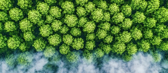 Aerial view of dense green forest canopy with morning fog embracing the lower trees