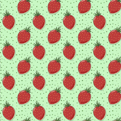  Pattern with red strawberries. Fresh and sweet berries. Ripe harvest. Gardening. Fruit and berry illustration. Seamless background. Vector illustration