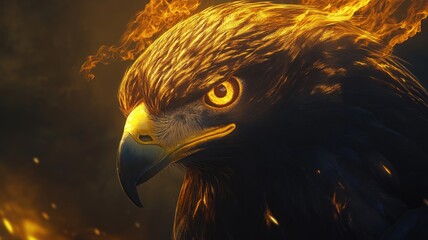 Golden eagle with fiery feathers soaring through a dramatic sunset sky