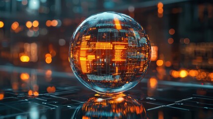 A futuristic, glowing sphere with digital patterns, set in a high-tech environment filled with blurred lights.