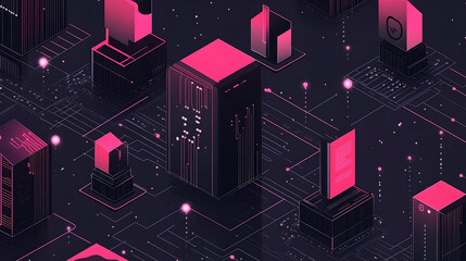 An isometric illustration of a futuristic city of interconnected digital structures.