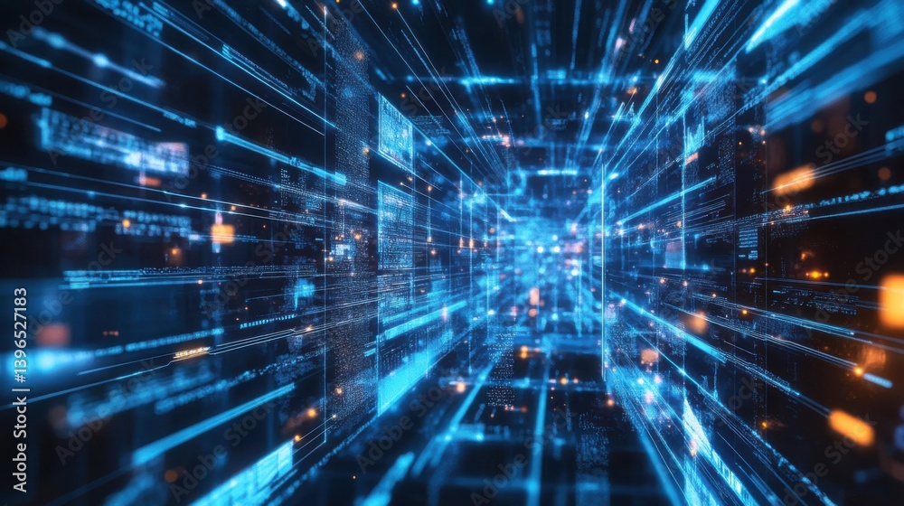 Poster a futuristic digital tunnel with blue data streams, representing advanced technology and interconnec