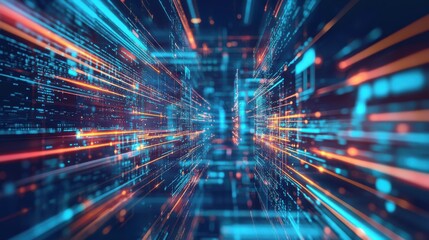 A vibrant, abstract representation of data flow with bright lines and lights, suggesting technology and motion within a digital environment.