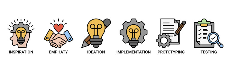 Design thinking icon set. Containing icon of inspiration, empathy, ideation, implementation, prototyping, and testing icons. Outline color vector symbol background.