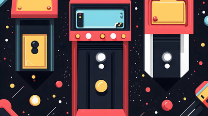 Retro arcade game consoles in a flat design style.