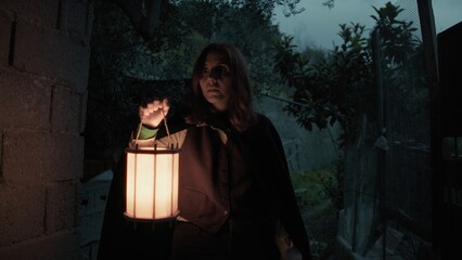 Mysterious Woman Walks Among Trees and an Abandoned House with Ghosts at Night