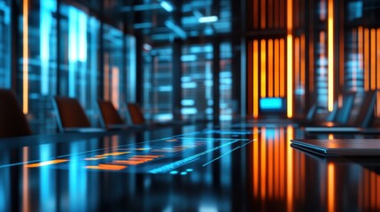 Obraz premium A futuristic conference room with glowing blue and orange accents, featuring a sleek table and a high-tech atmosphere.