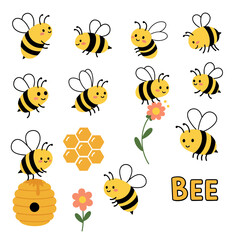 Bees set Cute flying insects in white background.