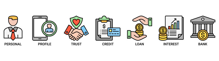 Microcredit icon set. Containing icon of personal, profile, trust, credit, loan, interest and bank icons. Outline color vector symbol background.
