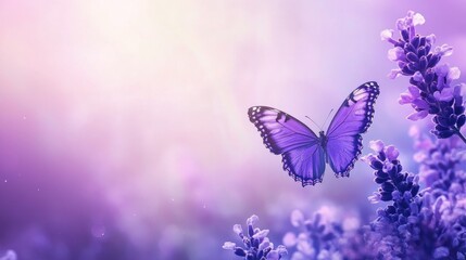 Butterfly Flying Near Lavender Flowers with Soft Purple Dreamy Background