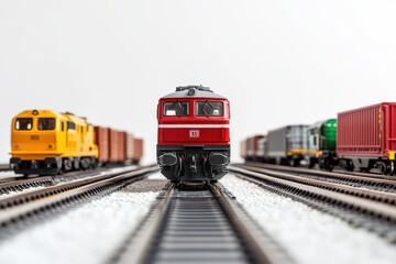 Obraz premium Model train set featuring a red locomotive on tracks with freight cars in the background