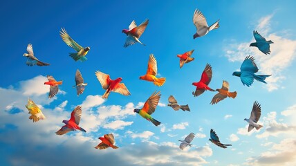 Fototapeta premium Colorful birds flying against a bright blue sky with fluffy clouds