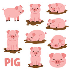 Obraz premium Cute Cartoon Pigs Mud Farm Animal Set.