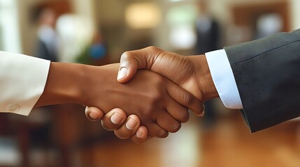 Handshake of Agreement: Close-up shot of a formal handshake between two individuals, symbolizing cooperation, agreement, and the closing of a deal, set in a professional setting.