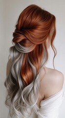 Naklejka premium Fiery red and silver ombre hair styled in soft, cascading curls, partially swept back in a romantic updo