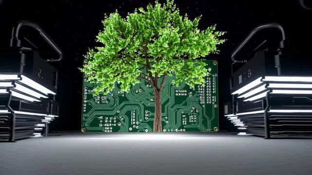 illustration of digitally created image of ree with foliage growing from a circuit board illustrating the concept of technology
