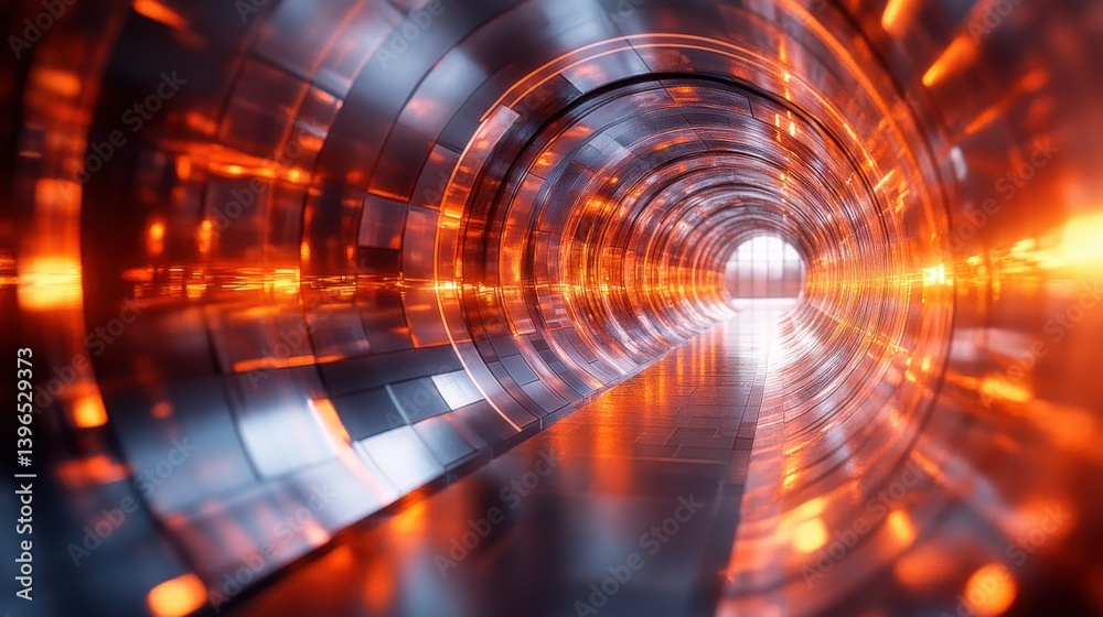 Poster a futuristic tunnel with metallic walls illuminated by warm orange light, creating a dynamic and cap