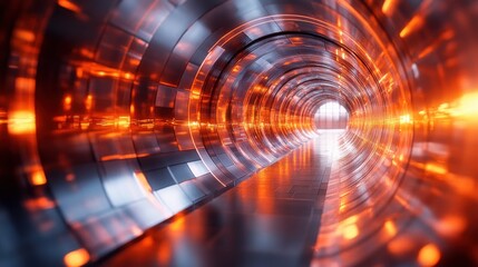 Obraz premium A futuristic tunnel with metallic walls illuminated by warm orange light, creating a dynamic and captivating visual effect.