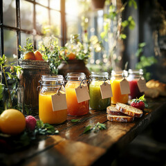Homemade Organic Fruit Jams in Rustic Jars with Fresh Berries. AI generative.