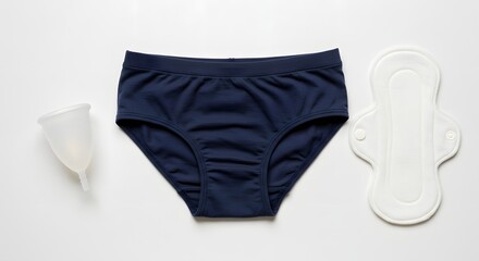 A menstrual cup, period underwear, and reusable pad arranged side by side, female hygiene theme, white background, stock photography style