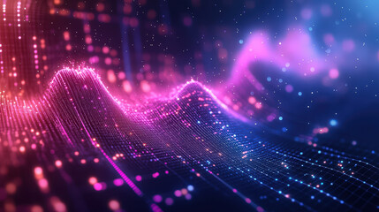 A colorful, abstract image of a mountain range with a purple and pink hue