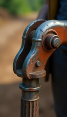 Grimy clamp grips pipe; bright metal against dirt road , industrial, outdoor