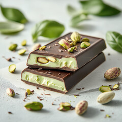 Close-Up of a Chocolate Bar with Green Pistachio Filling on White Background. AI generative.