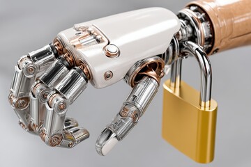 Fototapeta premium Robotic hand holding a padlock symbolizing security and technology.