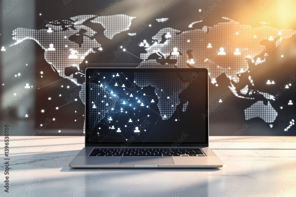 Poster laptop displaying digital network of people with a world map and glowing connections in the backgrou
