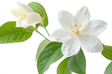 Obraz premium Blooming Mock Orange Flowers with Green Leaves on a White Background