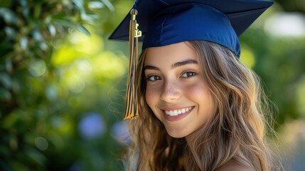 A smiling graduate in a blue cap poses outdoors, showcasing a joyful moment of achievement against a blurred, green backdrop.