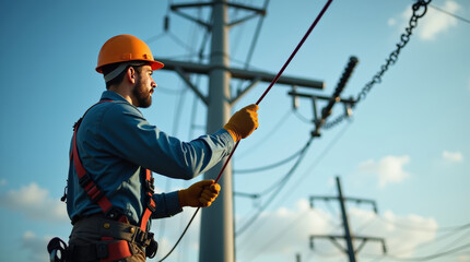 Electrical line worker performing maintenance on power lines at height on a clear sunny day